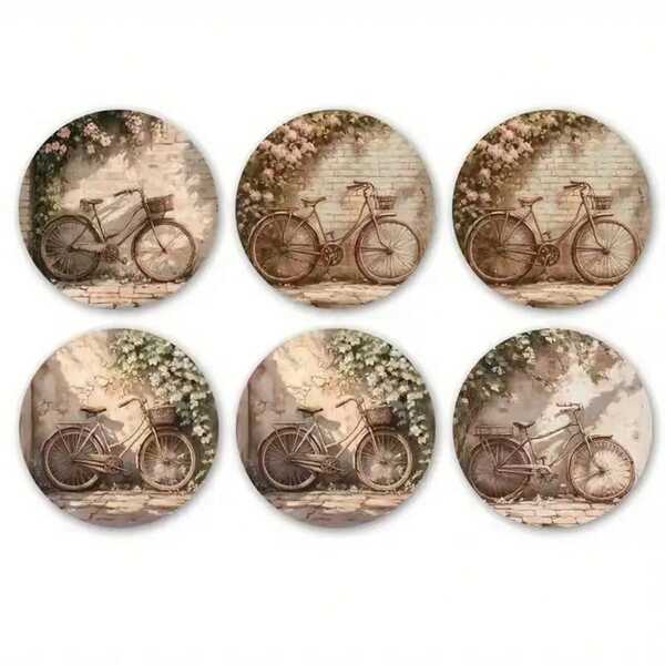 6pcs/Set Round Wooden Coasters, Non-Slip Absorbent, Rustic Style, Bicycle Print Plates, Nature Decor, 3.74 Inch Plates, Suitable For Vintage Enthusiasts, Home Decor, 1 Set Of 6 Pieces