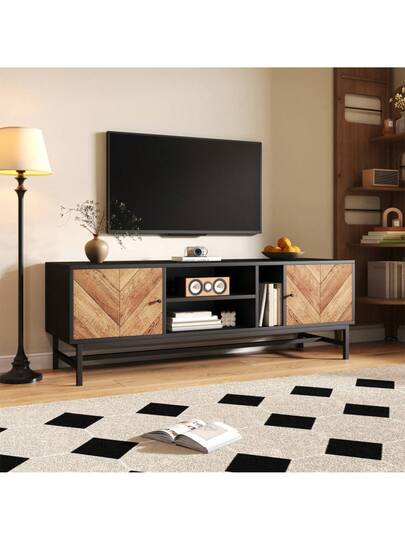 150cm TV St Contrasting Zwart Wood Versatile Storage Space, Including Cabinets, Horizontal Vertical Compartments, Moderne Minimalist