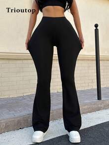 Trioutop Women's High Waisted Flare Leggings With Side Pockets, Phone Pocket Yoga Pants, Elastic Casual Sweatpants For Running - Black - View 7