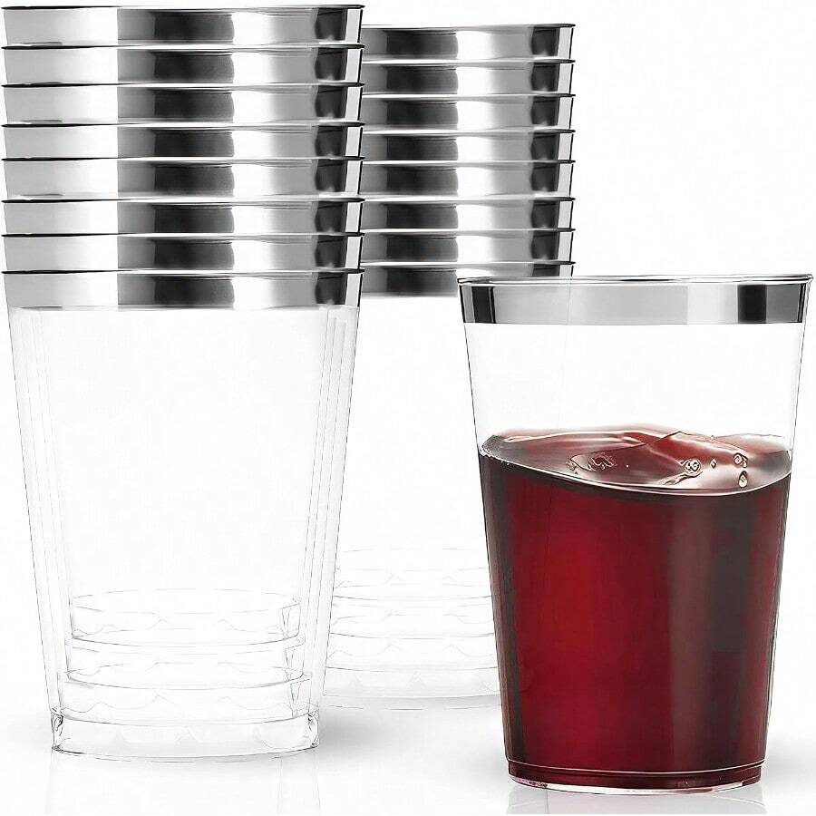 8oz Elegant Silver Rim Tumblers 16 Count Premium Clear Plastic Disposable Cups For Parties Weddings And Events - 無色 - 查看 1