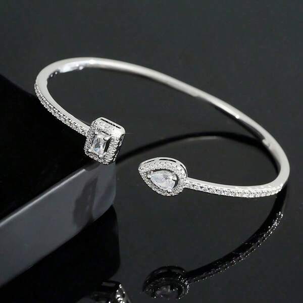 1pc 925 Sterling Silver Adjustable Openwork Rhinestone Embellished Bracelet, Luxury Fashionable Jewelry Gift For Women