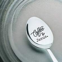 Cuchara grabada de acero inoxidable - Impulsado por Jesús y el café - Regalos únicos para amantes del café para Navidad - Plateado - Ver 5