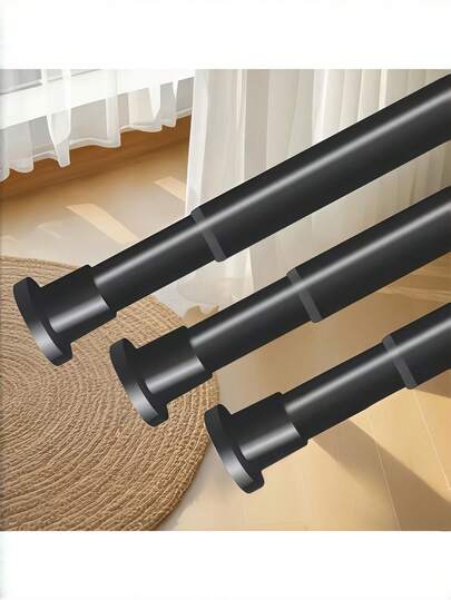 Adjustable Telescopic Spring Curtain Rod, Multi-Size No-Drill Black Window/Door Curtain Rod With Spring Mechanism, Easy Installation, Suitable For Kitchen, Bathroom, Wardrobe And Room Divider, Sturdy Expandable Design