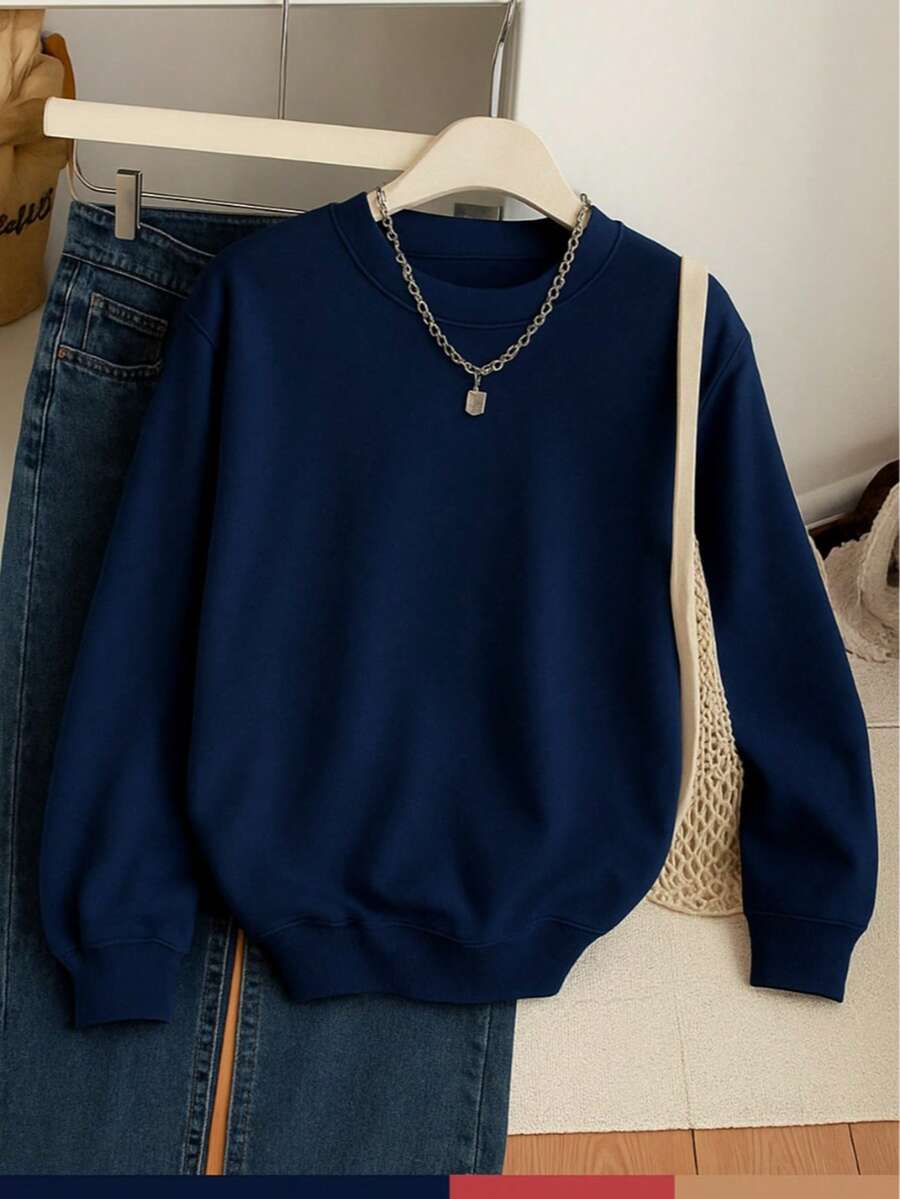 Sudadera lisa unisex de manga larga con cuello redondo y puños ajustados, estilo cárdigan. Ideal para looks casuales o de entretiempo. - Azul Marino - Ver 1