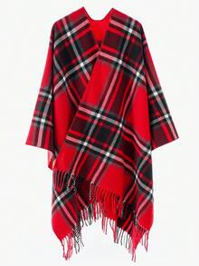 1pc Women's Fashionable Plaid Warm Scarf Shawl Poncho For Dress - Big Red-b - View 4