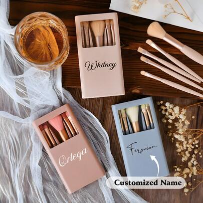 Personalized Name Makeup Brush Set, With Gift Box, Bridesmaid Gift, Gift For Her, Bridesmaid Gift, Travel Makeup Brushes, Mother's Gift, Built-In Mirror