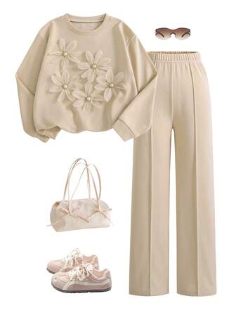 2 piezas Conjunto de sudadera de cuello redondo de manga larga con estampado floral ditsy y pantalones casuales sueltos - Una opción ideal para el uso diario en primavera, otoño e invierno