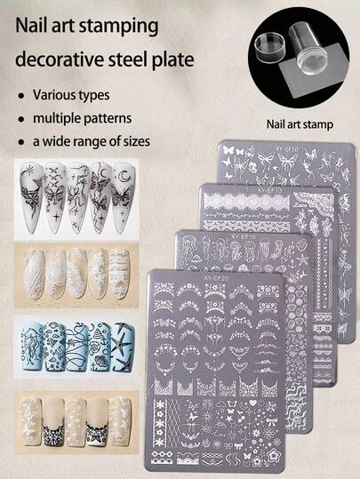 1pc Nail Art Stamping Plate, New INS Style Limited Edition, Designs Include French Tip, Butterfly, Bow, Heart, Lace, Floral, Rainbow, Star, Love, Firework, Daisy, Jellyfish, Shell, Starfish, Seaweed, Dolphin, Fish Tail, Pirate Hook