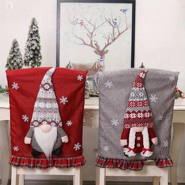 1-Pack MagGey Christmas Chair Covers With 3D Cartoon Gnome Couple Figurines - Classic Love Theme Polyester Chair Slipcovers For Holiday Home Decor, No Electricity Required, Fits Various Room Types
