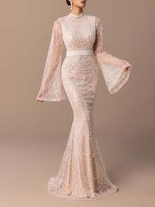 女士串珠美人鱼裙摆长款晚礼服 - 立领、喇叭袖、修身剪裁，适合婚礼、盛大晚宴、正式活动、黑领结晚宴、红毯、奢华婚礼、颁奖典礼等场合 - 香檳色 - 查看 5