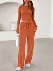 Women Fall Two Piece Outfits Ribbed Knit Long Sleeve Crop Top Drawstring Elastic High Waist Wide Leg Pants Matching Lounge Set Spring Autumn Airport Sport Outfits - 磚紅色 - 查看 5