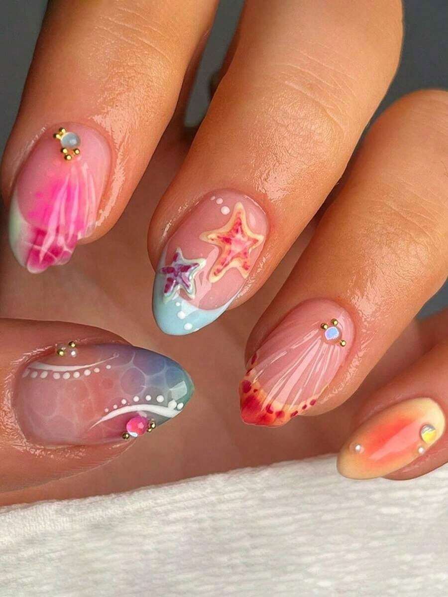 30Pcs/Set Y2K Summer Colorful Ocean Element Short Almond Shaped Press-On Nails, Featuring 3D Embossed Starfish, Blue Tie Dye, Shell, Rhinestone & Gold Faux Pearl Decor, Great For Daily Wear & Beach Essentials For Girls/Ladies Nail Supplies Nails - 彩色 - 查看 1