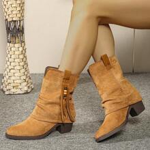 Botas cortas de tacón grueso vintage para mujer, con puntera puntiaguda, flecos, ajuste delgado, tacón apilado, estilo cowboy con hebilla, para vacaciones