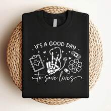 180g pure Cotton It's a Good Day to Save Lives Shirt Nurse Graphic Tee with Skeleton Cute Medical Gift for Healthcare Workers, ER &amp; ICU Staff graphic Soft Slightly Comfortable streetwear Unisex fashion Print Round Neck Short Sleeve Versatile Top For Everyday Wear - Negro - Ver 4