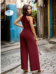 Long Pantaloon Jumpsuit With Adjustable Straps - Maroon - View 3