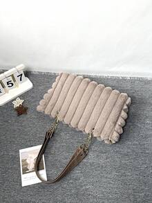 1pc Large Capacity Plush Zipper Tote Bag, Fashion Metal Chain Furry Autumn/Winter New Style Oversized Bag, Suitable For Women's Daily Use