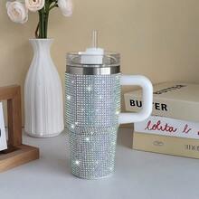 1pc 14oz Stainless Steel Cup With Handle & Straw - Double-Wall Insulated Travel Mug, Spill-Proof Lid - Keeps Drinks Hot/Cold For Hours - Elegant Glittering Diamonds - Perfect For Car, Office, Camping, Holidays - Ideal Christmas, Birthday, Valentine's Gift - (Black/Pink/Blue/), Travel Coffee Mug Insulated, Camping Essentials, Rhinestone Embellished, Quality Insulation, Office Drinkware, Decorative Drinkware, Premium Material, Hot And Cold Cup, Outdoor Enthusiasts, Perfect For Thanksgiving - 水鑽粉紅色 - 查看 4