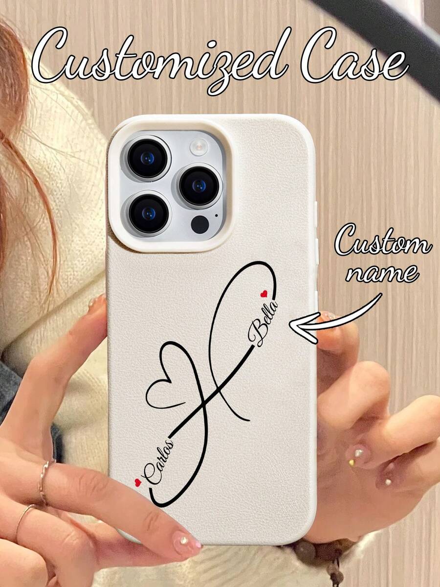 A Personalized Love Pattern Customized White Anti Drip Imitation Leather Phone Case With Names And Text For Couples, Families, Friends, Pets, And Children, Suitable As A Gift For Friends. Compatible With IPhone 11/12/13/14/15/16/16plus/16pro/16promax/16e/17/Air/17pro/17promax And Other Models. Fashionable And Colorful, Retro And Cute