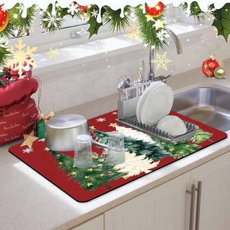 1pc Christmas Decor Red Christmas Tree Print Placemat, TPR Material Suitable For Washing Machine, Dryer Top, Dish Drying Mat, Kitchen Counter Sink Drainer, Cabinet Mat, Living Room Dirt-Resistant Placemat, Absorbent Quick-Dry Mat