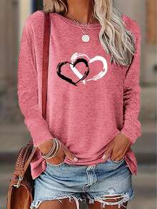 Christmas Christmas Outfit Women Fall Clothes For Women[Retro Hearts Tee] Soft Pink Women's Retro Two Intersecting Hearts Graphic Long Sleeve T-Shirt |   Round Neck, Medium Stretch, Machine Washable, All-Season Casual Top, Seasonal Fashion, Relaxed Fit Tee, Nontransparent Fabric, Comfortable Clothing Long Sleeve Tops Women Winter Clothes For Women Ropa De Invierno Mujer - 磚紅色 - 查看 1