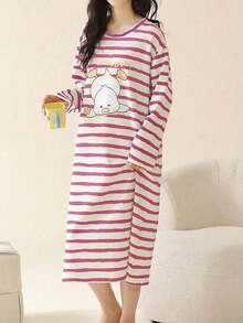 [AICJ 睡衣]卡通条纹落肩宽松睡裙，冬季，宽松睡衣 - 粉色 - 查看 4