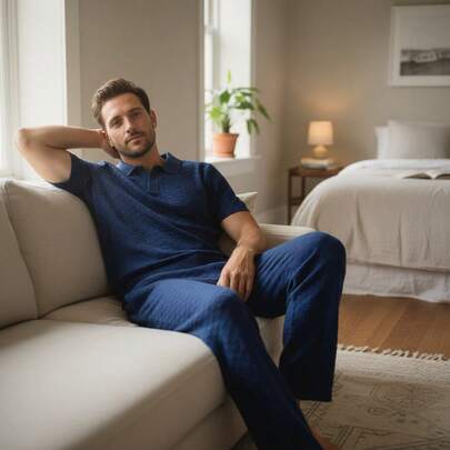 Camiseta De Descanso Para Hombre Tejida Con Detalle en Cuello