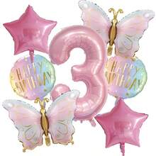 7pcs Happy Birthday Pink Butterfly Balloon Set, Includes 32inch Pink Number 1-6, Pink Star Shaped, Round Balloons, Suitable For Birthday Party, Anniversary Party, Home Decor, Atmosphere Setting, Party Decoration - Pink - View 13