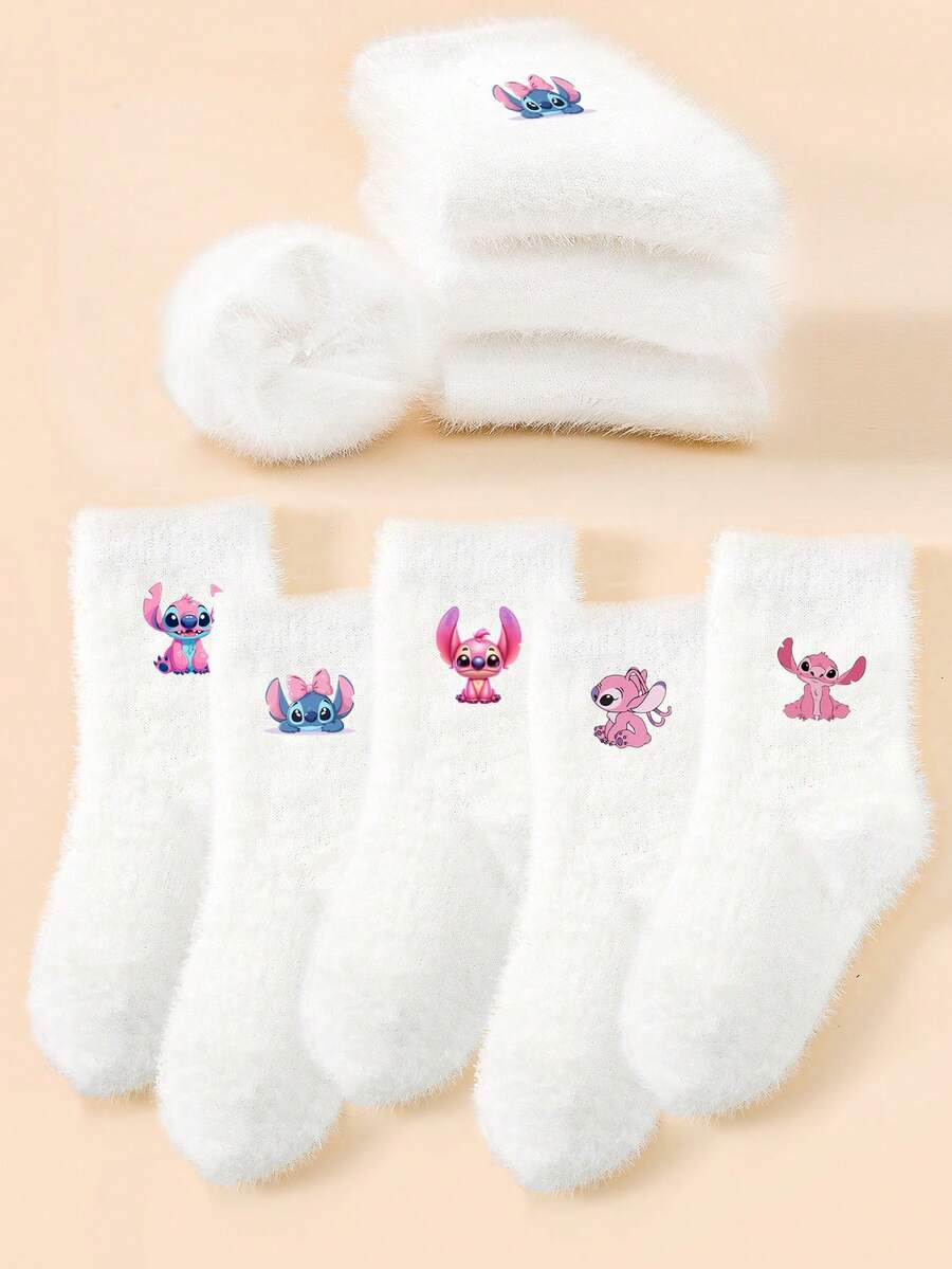 5 Paar Dicke Kunstfell Socken für Kleinkinder/Kinder, Blau & Rosa Cartoon Alien Stitch Design, modisch & vielseitig, weich & bequem, geeignet für Herbst/Winter Outfits, Schule, Lässig, Reisen, Feiertage, Zuhause, Business