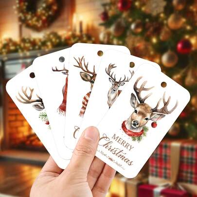 50pcs Festive Reindeer Christmas Gift Tags Set - Adorable Deer Illustrations Wearing Plaid Scarves, And Berry Accents With Elegant 'Merry Christmas' Script - Ideal For Holiday Gift Wrapping, Party Favors, Crafts, And Seasonal Decorations