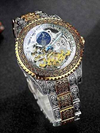 FORSINING 1pc Men Luxury Vintage Tourbillon Skeleton Automatic Mechanical Watch Luminous Hands Moon Phase Rotating Bezel Engraved Design Stainless Steel Strap Business Casual Men Watches Gifts