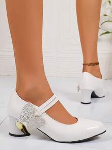 Women's High Heels, Pointed Toe, Thick Heel, Single Strap, Crystal Bow, Solid Color Design, Simple And Gorgeous, Casual And Comfortable, Suitable For Attending Dances, Banquets, Daily Commuting Wear, Local Warehouse. - White - View 3