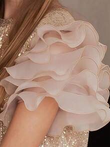 Tween Girl Gold Sequin Petal Sleeve Christmas Party Girl Elegant Dress, Princess Dress Suitable For Girl's Birthday Party, Banquet, Evening Gala, Wedding Flower Girl & Bridesmaid Dress, Thanksgiving Day Graduation Dress