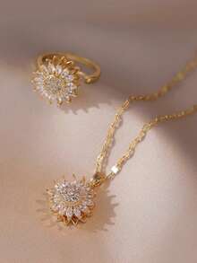 2 Peças Conjunto de Joias Femininas com Zircônia Cúbica Incrustada de Cobre, Girassol Rotativo, 1 Peça Colar + 1 Peça Anel, Tema Floral Requintado e Cintilante, Adicionando Toque Romântico e Luxuoso aos Looks