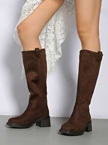 秋冬季粗跟麂皮牛仔靴，中筒西部靴，修身宽筒高筒女靴，派对靴 - 棕色 - 查看 9