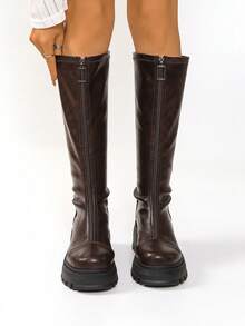 Women's Brown Knee-High Boots, 2025 Autumn/Winter New Style, Round Toe Leather Solid Color Front Zipper Knee-High Boots, Straight Tube Boots, Elegant And Versatile For Commuting And Daily Wear, Brown Boots, Plus Size Women's Boots, Women's Shoes, Brown Shoes - Brown - View 5