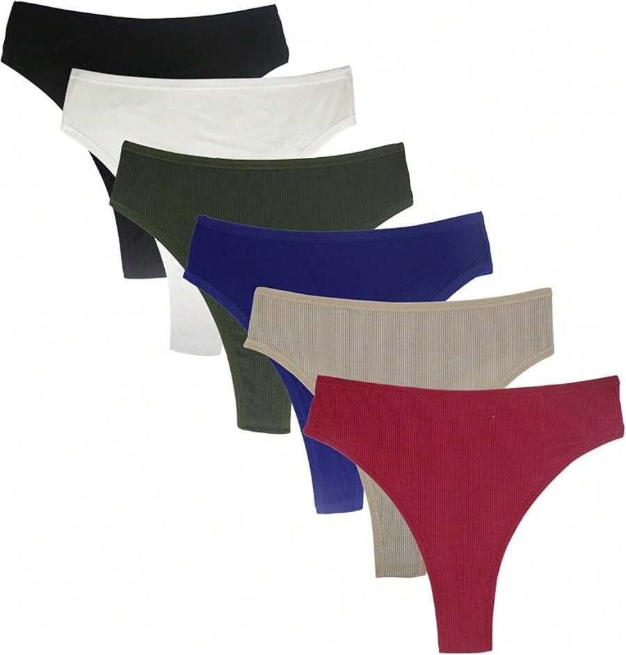 High Waisted Cotton Thongs For Women, Breathable Plus Size Multipack - 黑色*1 白色*1 軍綠色*1 酒紅色*1 藍色*1 卡其色*1 - 查看 1