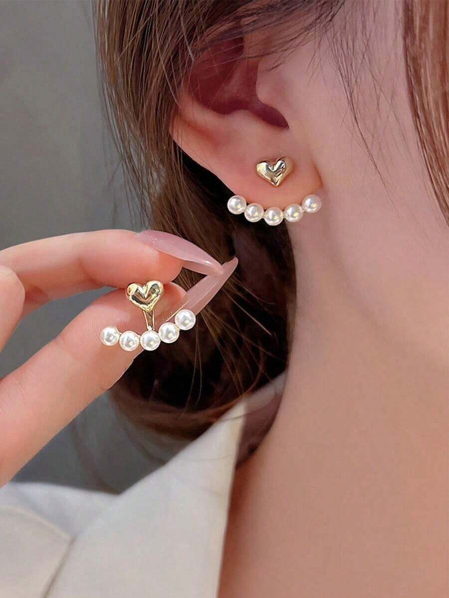 Topshiny 1pair Minimalist Small Heart & Faux Pearl Stud Earrings, Korean Fashion Jewelry For Women Valentines,Mom,Mother,Mother's Day,Gift - 白色 2 - 查看 1