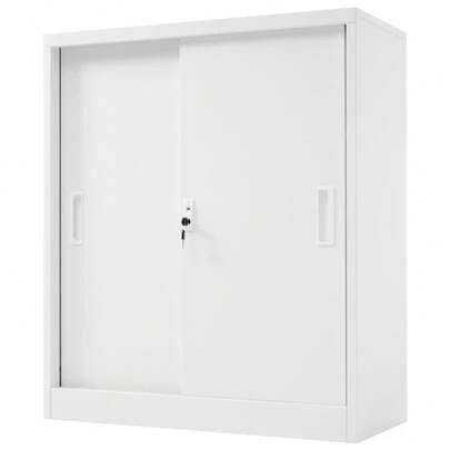 【引き戸タイプで省スペース】スチール書庫 書類保管庫 キャビネット 収納庫 オフィス 事務所 更衣室 学校 業務用 スチールキャビネット ベース付き 可動棚 A4対応 鍵付き ホワイト 頑丈 防錆加工 高耐久 日本語説明書付き