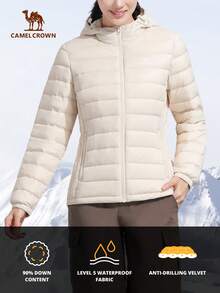 CAMEL CROWN Women's Autumn Down Jacket Plus Velvet Sportswear Casual Long-Sleeved Jacket Windproof Hooded Down Warm Clothing - Light Beige - View 1