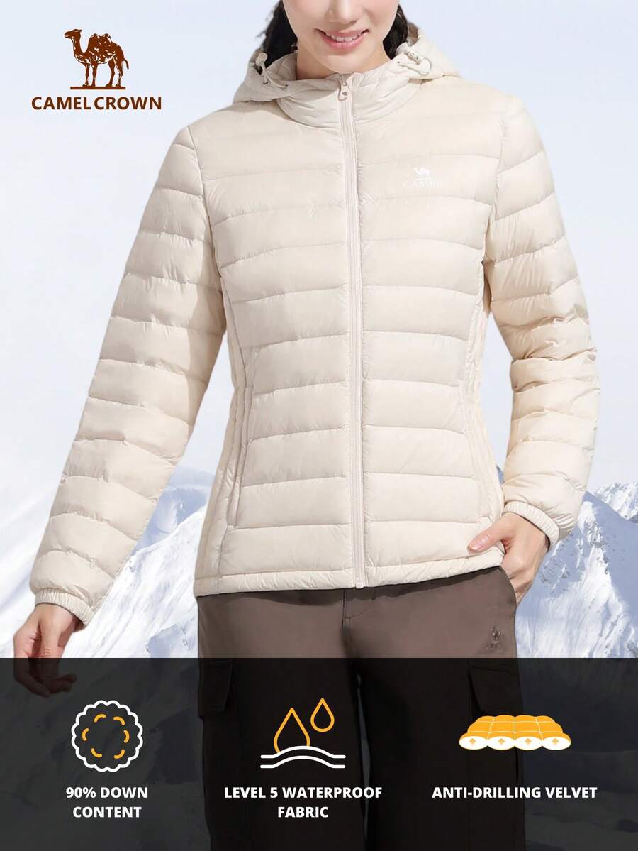 CAMEL CROWN Women's Autumn Down Jacket Plus Velvet Sportswear Casual Long-Sleeved Jacket Windproof Hooded Down Warm Clothing - Light Beige - View 1