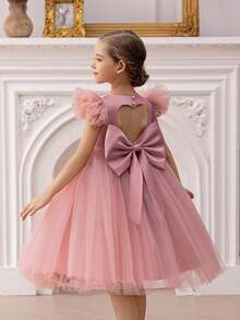 Young Girl Cap Sleeve Bow Tulle Elegant Princess Dress, Suitable For Birthday Party, Wedding, Banquet, Dance, Holiday Occasions, Flower Girl Dress - Pink - View 4