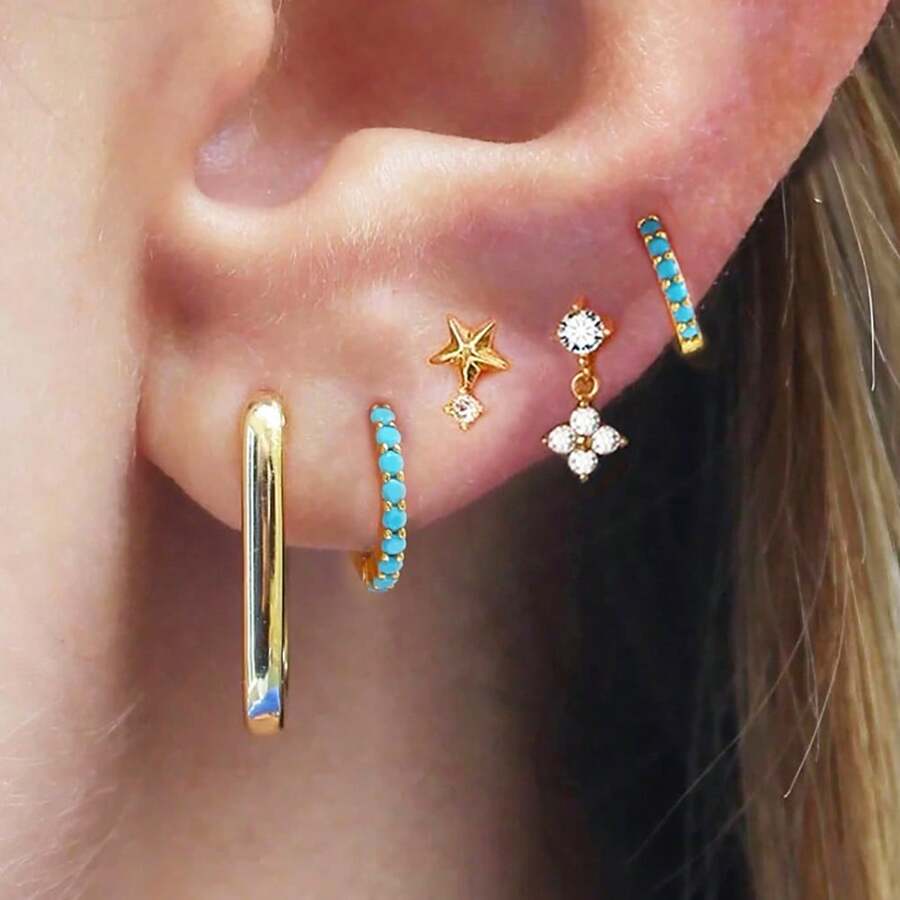 Juego de 3 piezas/5 piezas de nuevos pendientes de acero inoxidable chapados en oro de 18K para mujer, con diseños geométricos simples de círculo y cuadrado, pendientes de aro de lujo