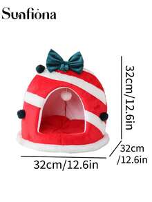 Casa acogedora para mascotas con cojines extraíbles y lavables - Cama para gatos y perros cálida y semi-cerrada para todas las estaciones, de tela suave y duradera, sin necesidad de montaje, diseño clásico de invierno con ribete rojo y blanco, madriguera acogedora para descanso y sueño en interiores, ideal para decoración navideña