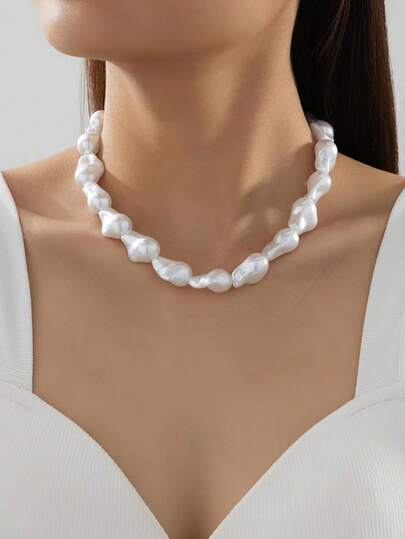 Collar largo asimétrico de lujo francés con perlas falsas, collar de perlas falsas barroco de alta gama para mujer, collar de perlas falsas a juego para mujer