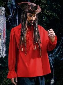 Men's Long Sleeve Halloween Pirate Costume Medieval Ruched Shirt, Steampunk Victorian Era Cosplay, Gothic Renaissance Viking Shirt Top - Red - View 2