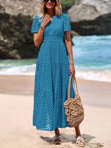 Women's Spring And Summer Maxi Dress Short Sleeve V Neck Hollow Out Eyelet A Line Long Flowy Wedding Guest Beach Vacation Dresses For Women - 湖藍色 - 查看 3