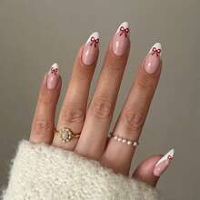 24片中号杏仁形美甲贴片，白色法式尖头，饰有可爱蝴蝶结，优雅可爱，是送给女孩和女士的绝佳情人节礼物。 - 彩色 - 查看 8