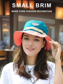 1pc Women Sunscreen Casual Bucket Hat With Silver Letter Badge And Frayed Brim, Suitable For Travel And Shopping Outfits