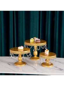 3Pcs Antique Cake Stand Set - Round Metal Cupcake Stands With Pendants And Beads - Elegant Dessert Display, For For Wedding, Birthday Party Decor,Dessert Table Display Set,Food Display Stands,Christmas Decorations For Home,Christmas Decor,Funny Gifts - vàng (mới) - Xem 5