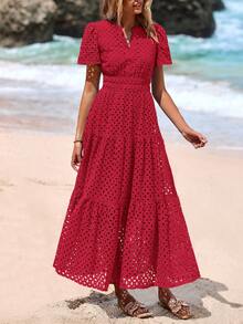Women's Spring And Summer Maxi Dress Short Sleeve V Neck Hollow Out Eyelet A Line Long Flowy Wedding Guest Beach Vacation Red Dresses For Women - 紅色 - 查看 5